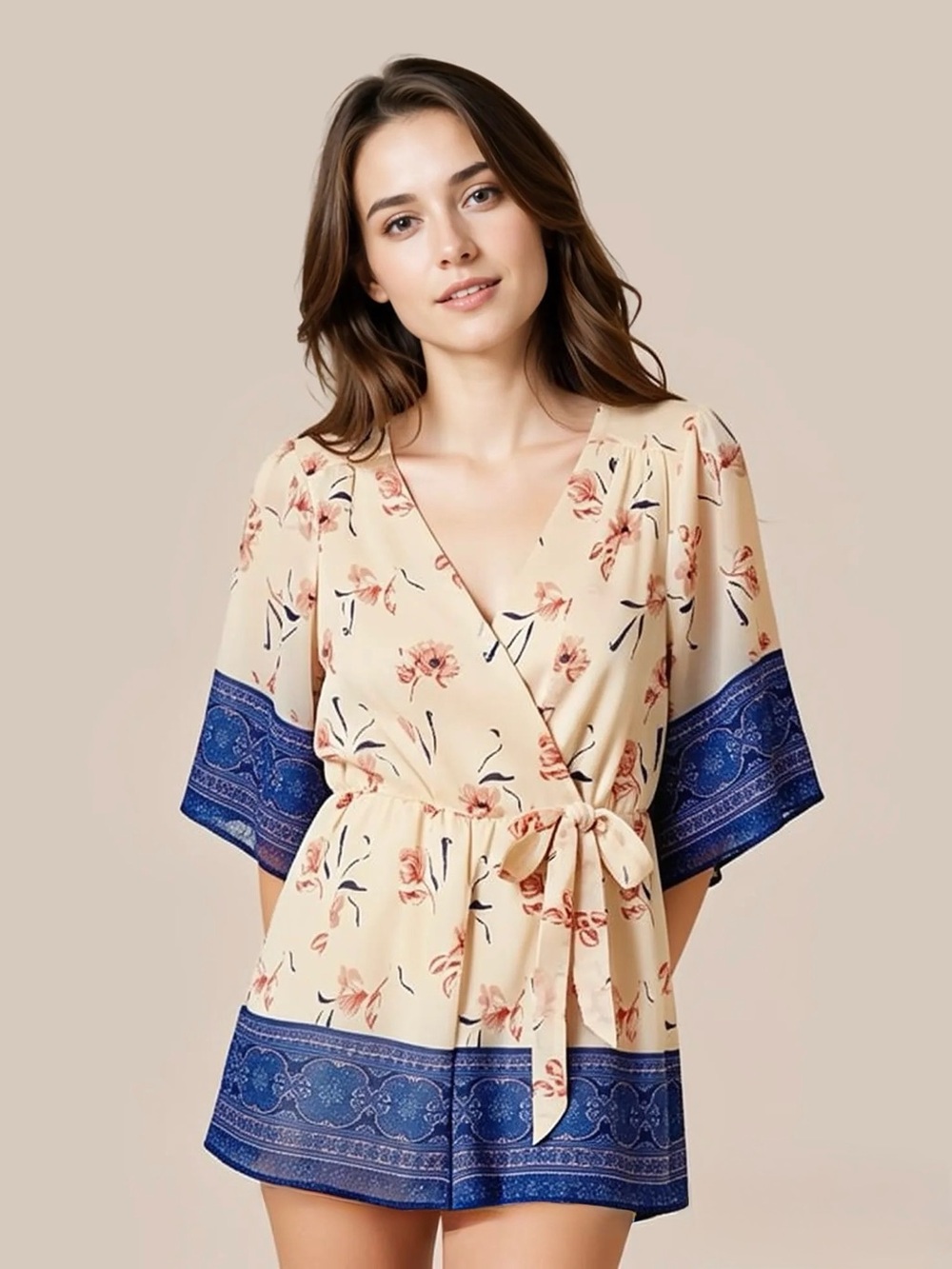 Bailey Blue Floral Wrap Romper in Peachy Pink with Blue Border Size Medium